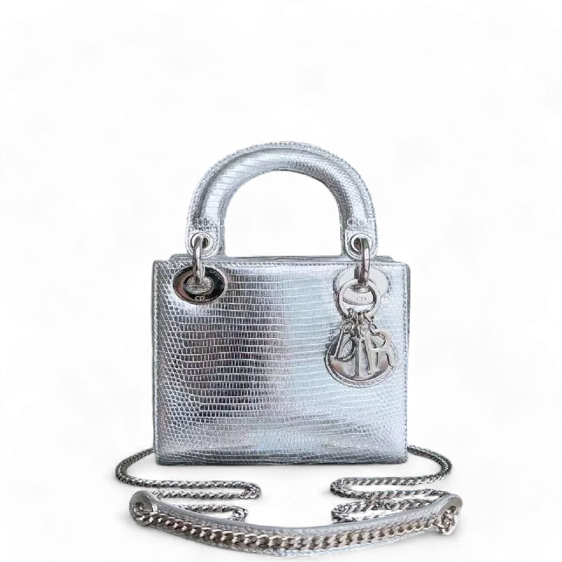 Christian Dior backpacks with a sleek, minimalist silhouette*Rare* Dior Lady Mini - Lizard Silver Metallic Limited Edition Chain Strap Silver Hardware